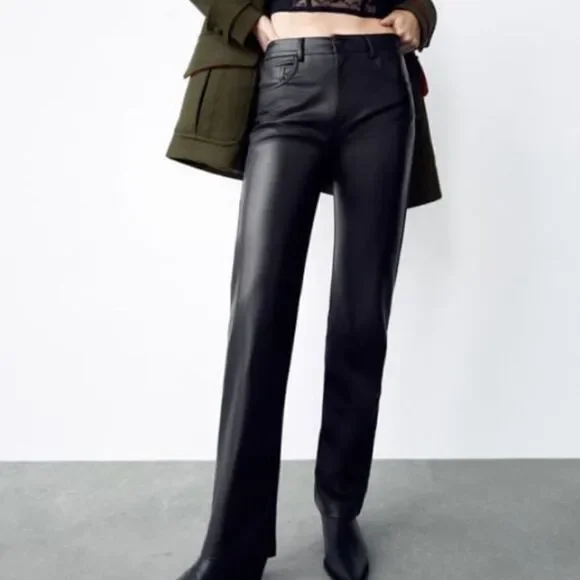 Zara Faux Leather Black Pants Straight Leg Size 2 - Picture 3 of 8